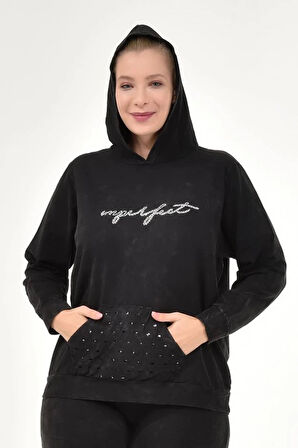 Kadın Büyük Beden İtalyan Yıkama Siyah Kapşonlu Sweatshirt