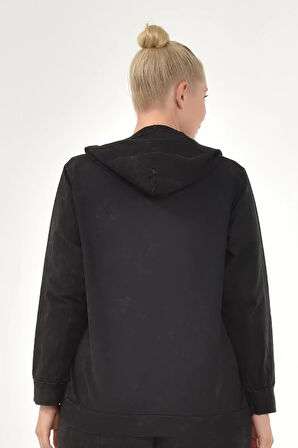 Kadın Büyük Beden İtalyan Yıkama Siyah Kapşonlu Sweatshirt