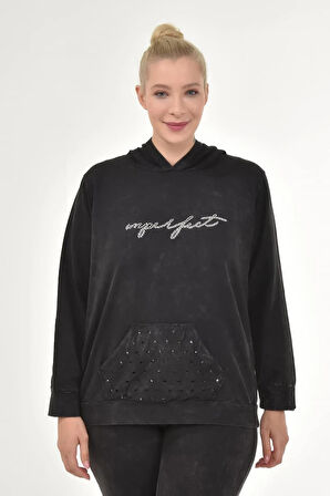 Kadın Büyük Beden İtalyan Yıkama Siyah Kapşonlu Sweatshirt