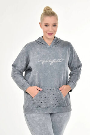 Kadın Büyük Beden İtalyan Yıkama Gri Kapşonlu Sweatshirt