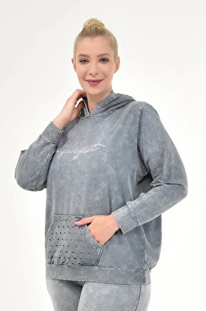 Kadın Büyük Beden İtalyan Yıkama Gri Kapşonlu Sweatshirt