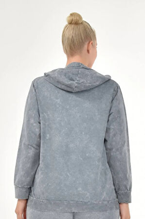 Kadın Büyük Beden İtalyan Yıkama Gri Kapşonlu Sweatshirt