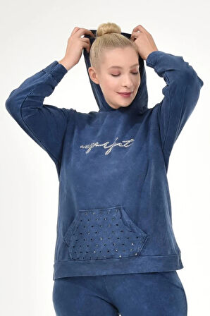 Kadın Büyük Beden İtalyan Yıkama Lacivert Kapşonlu Sweatshirt