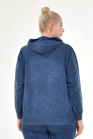Kadın Büyük Beden İtalyan Yıkama Lacivert Kapşonlu Sweatshirt