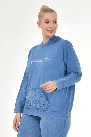 Kadın Büyük Beden İtalyan Yıkama Mavi Kapşonlu Sweatshirt