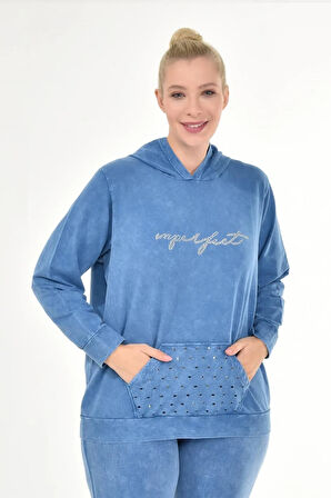 Kadın Büyük Beden İtalyan Yıkama Mavi Kapşonlu Sweatshirt