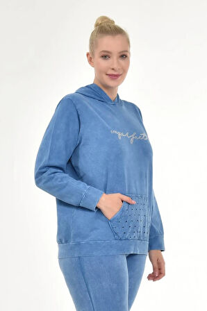 Kadın Büyük Beden İtalyan Yıkama Mavi Kapşonlu Sweatshirt