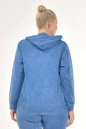 Kadın Büyük Beden İtalyan Yıkama Mavi Kapşonlu Sweatshirt