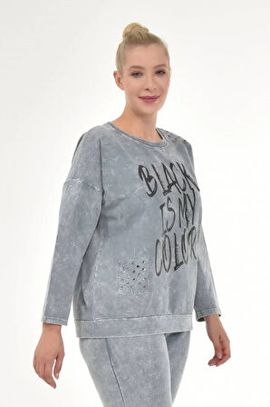 Kadın Büyük Beden İtalyan Yıkamalı Gri Yuvarlak Yaka Sweatshirt