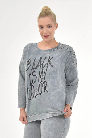 Kadın Büyük Beden İtalyan Yıkamalı Gri Yuvarlak Yaka Sweatshirt
