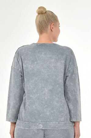 Kadın Büyük Beden İtalyan Yıkamalı Gri Yuvarlak Yaka Sweatshirt