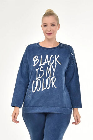 Kadın Büyük Beden İtalyan Yıkamalı Lacivert Yuvarlak Yaka Sweatshirt