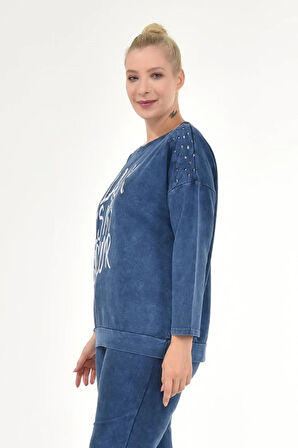 Kadın Büyük Beden İtalyan Yıkamalı Lacivert Yuvarlak Yaka Sweatshirt