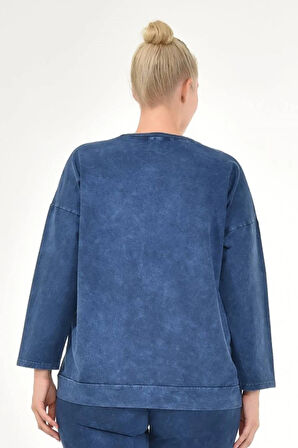 Kadın Büyük Beden İtalyan Yıkamalı Lacivert Yuvarlak Yaka Sweatshirt