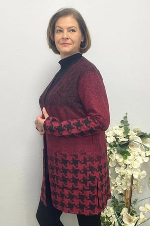 Büyük Beden Kırmız  Siyah Desenli Hırka