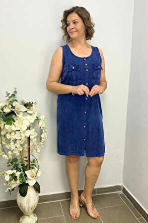 Kadın Yıkamalı Önden Düğmeli Elbise