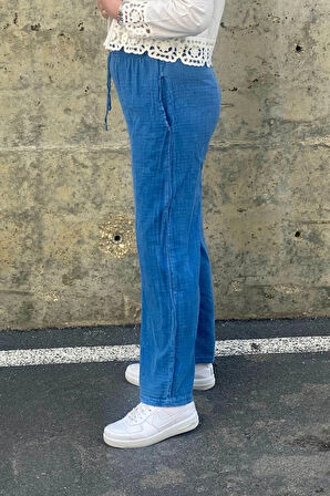 Kadın Mavi  Keten Pantolon