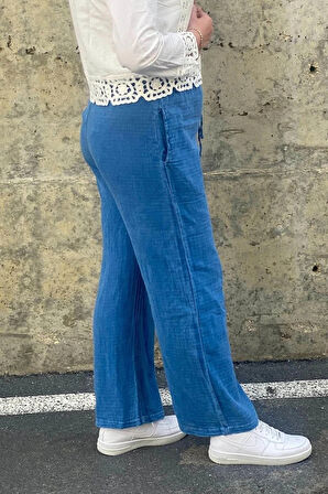 Kadın Mavi  Keten Pantolon
