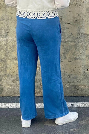 Kadın Mavi  Keten Pantolon