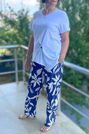 Büyük Beden Bahar Takım Beyaz - Mor