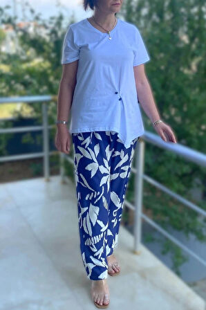 Büyük Beden Bahar Takım Beyaz - Mor