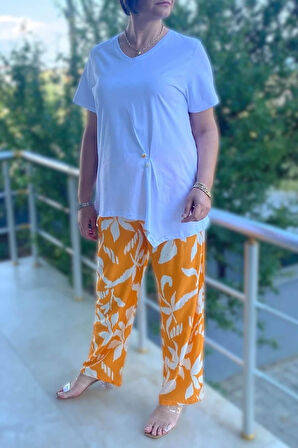 Büyük Beden Bahar Takım Beyaz-Turuncu