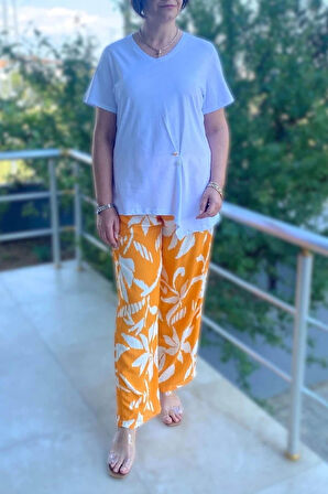 Büyük Beden Bahar Takım Beyaz-Turuncu