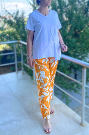 Büyük Beden Bahar Takım Beyaz-Turuncu