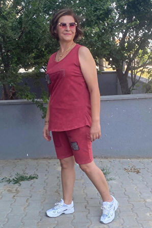 Büyük Beden Bordo Gümüş Şort Takım