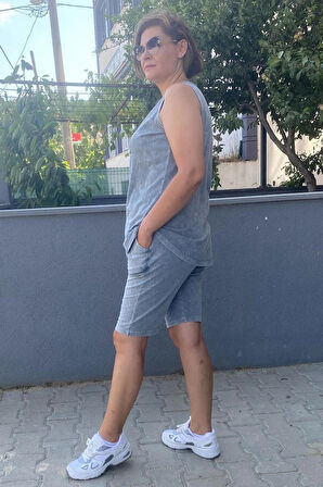 Büyük Beden Gri Gümüş Şort Takım