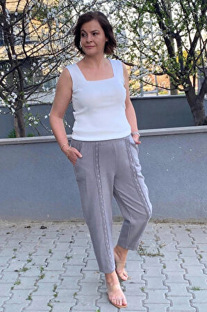 Kadın Gri Keten Havuç Pantolon