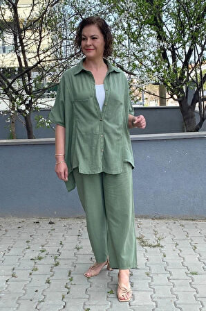 Kadın Yeşil İtalyan tasarım Keten Takım