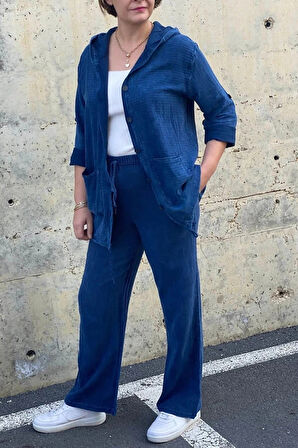 Kadın Güneş Keten Lacivert Takım