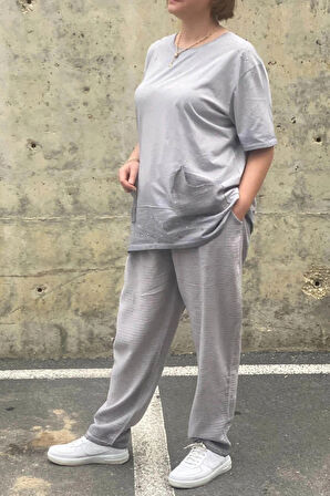 Büyük Beden Verona Gri Keten Takım