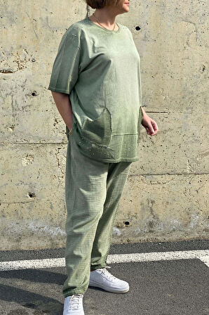 Büyük Beden Verona Yeşi Keten Takım