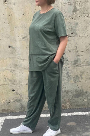 Büyük Beden Selenay Haki Pamuklu Takım