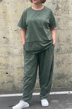 Büyük Beden Selenay Haki Pamuklu Takım