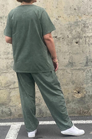 Büyük Beden Selenay Haki Pamuklu Takım