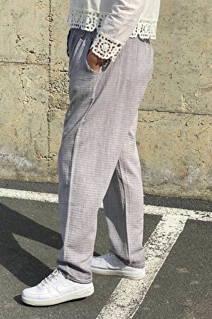 Büyük Beden Gri Beli Lastikli Keten Pantolon