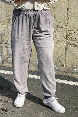 Büyük Beden Gri Beli Lastikli Keten Pantolon