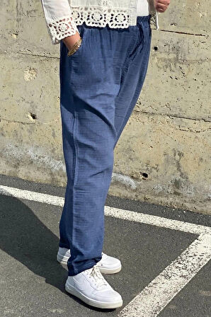 Büyük Beden İndigo Beli Lastikli Keten Pantolon