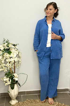 Kadın Mavi Yıldız Detaylı Pamuklu 3 lü Takım