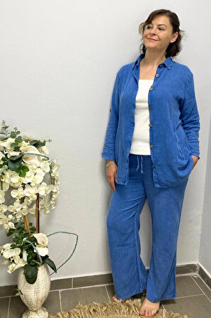 Kadın Mavi Yıldız Detaylı Pamuklu 3 lü Takım