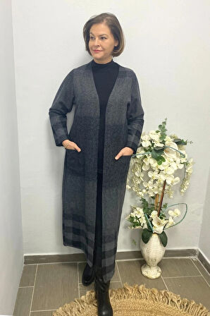 Büyük Beden Siyah Desenli Uzun Hırka