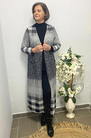 Büyük Beden Gri Desenli Uzun Hırka