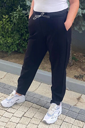 Büyük Beden Siyah Beli ve Paçası Lastik Detaylı Punto Pantolon