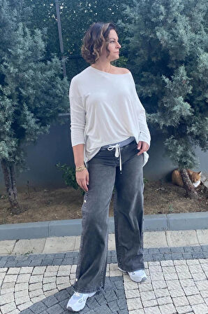 Büyük Beden Gri Yandan Çıtçıt Detaylı Kot Pantolon