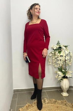 Kadın Kırmız Kare Yaka Elbise