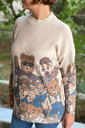 Kadın Krem İtalyan Dijital Baskılı Triko