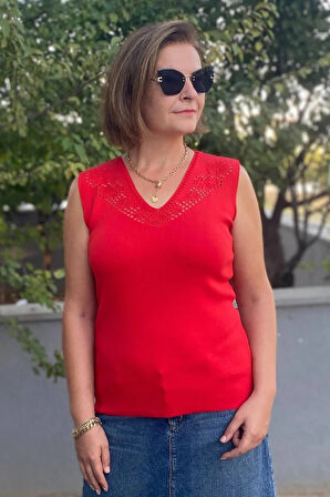 Kadın Lina Kırmızı Merserize Kolsuz Bluz